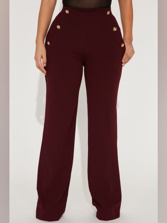 Fashion Nova Pants - High-Waist Wide-Leg Button-Accent Pants - Burgundy